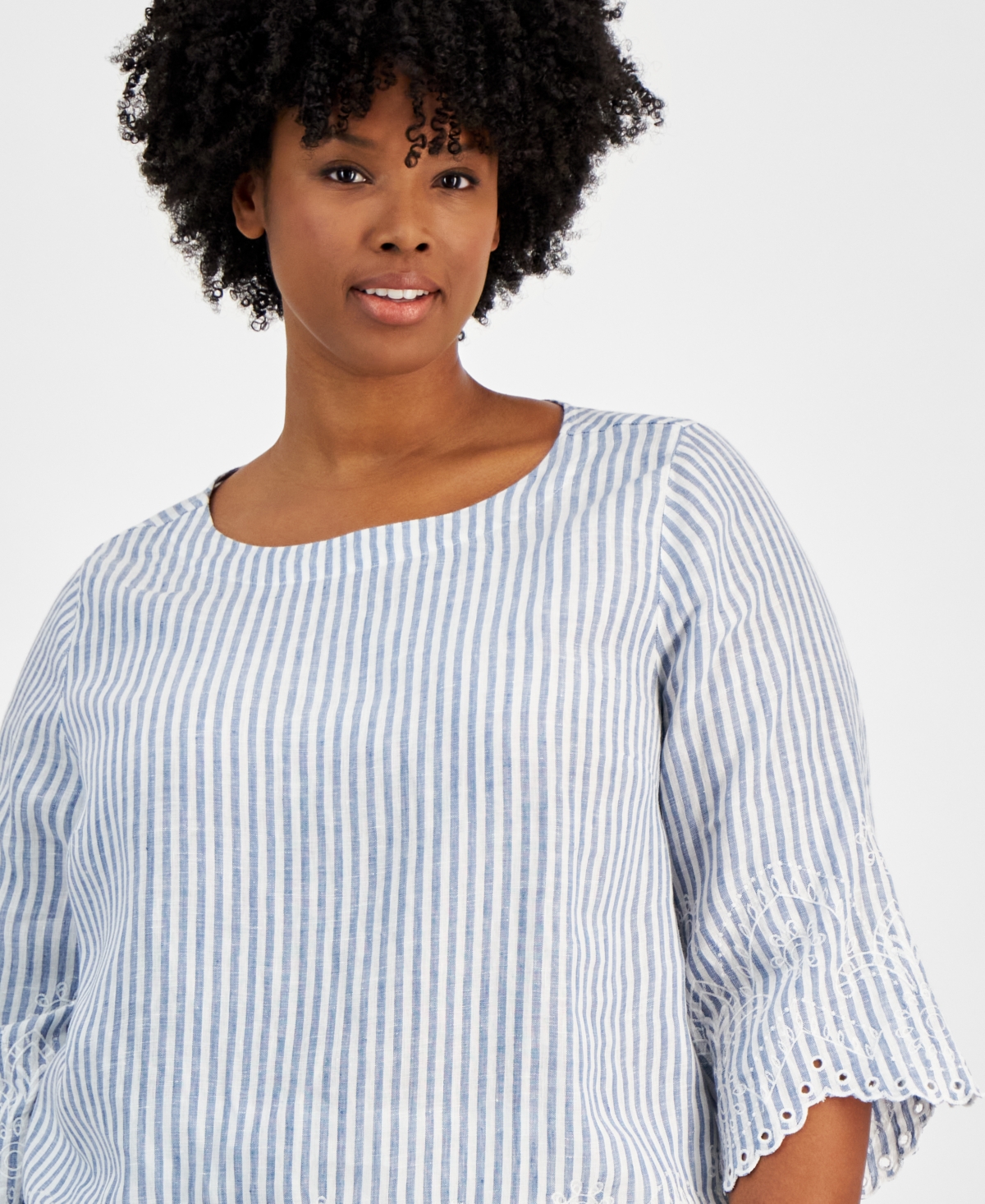 Charter Club Plus Size Linen 3/4-Sleeve Striped Top, Exclusively at Macy's