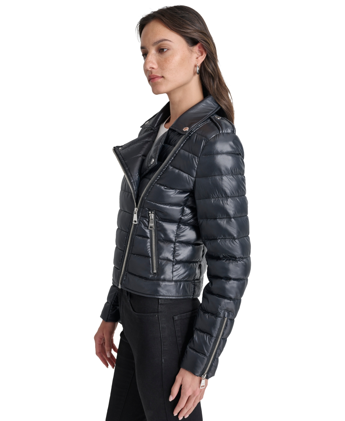 Dkny Jeans Women's Lightweight Zip-front Puffer Jacket In Metlc Blk