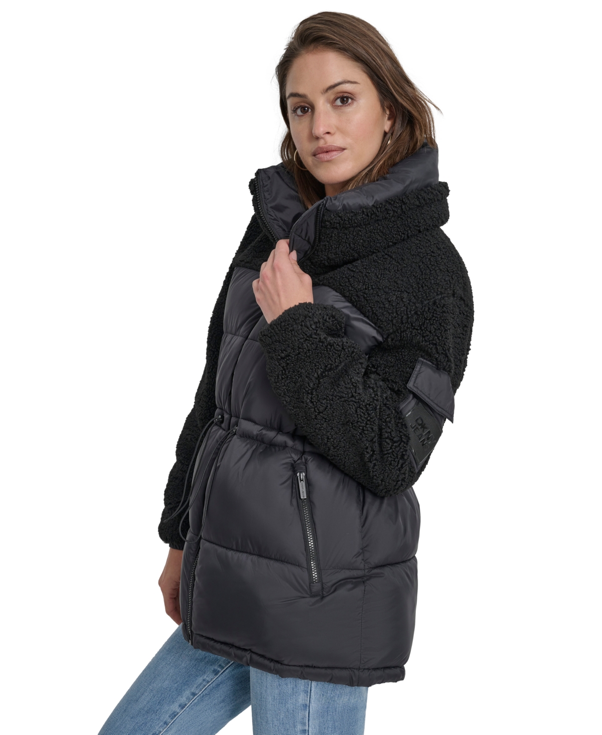 Dkny Jeans Women's Faux-Sherpa Puffer Mixed Coat - BLK - BLACK