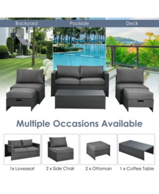 6 Pieces Patio Rattan Furniture Set with Glass Table and Cushioned Seat