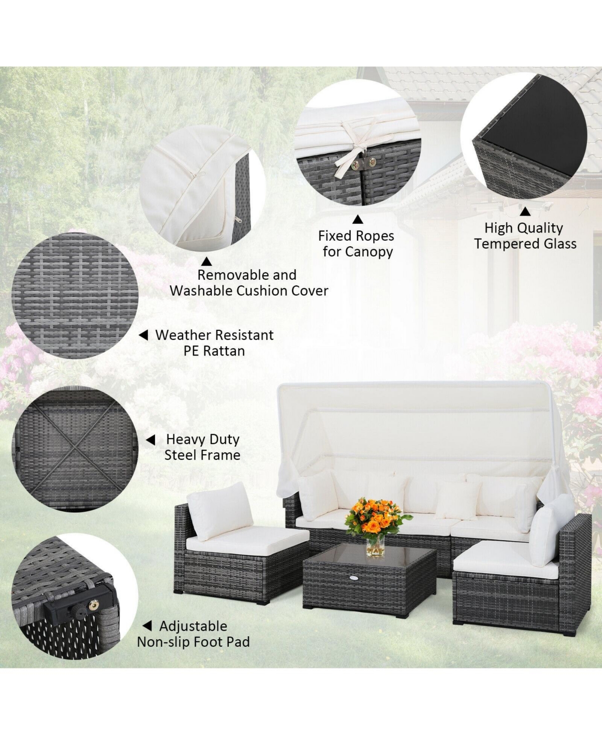 6 Pieces Patio Rattan Furniture Set with Retractable Canopy