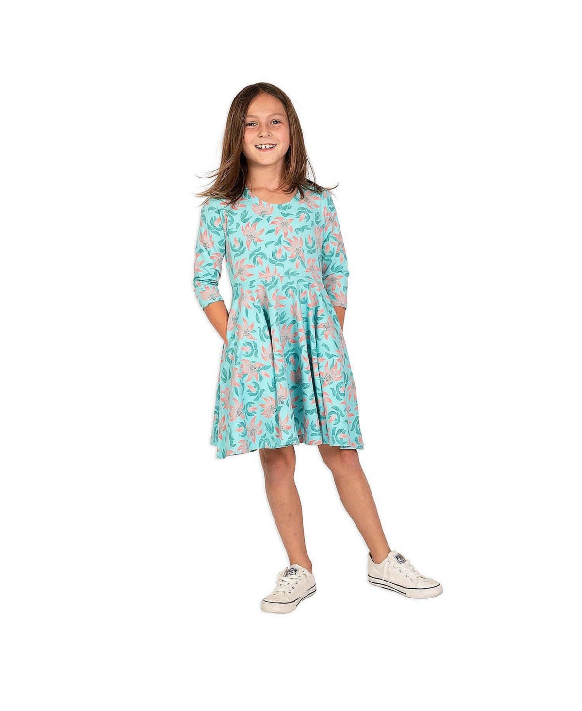Mightly Girls Fair Trade Organic Cotton Print 3/4 Sleeve Twirl Dress - Small (6/7),- Tiger lily