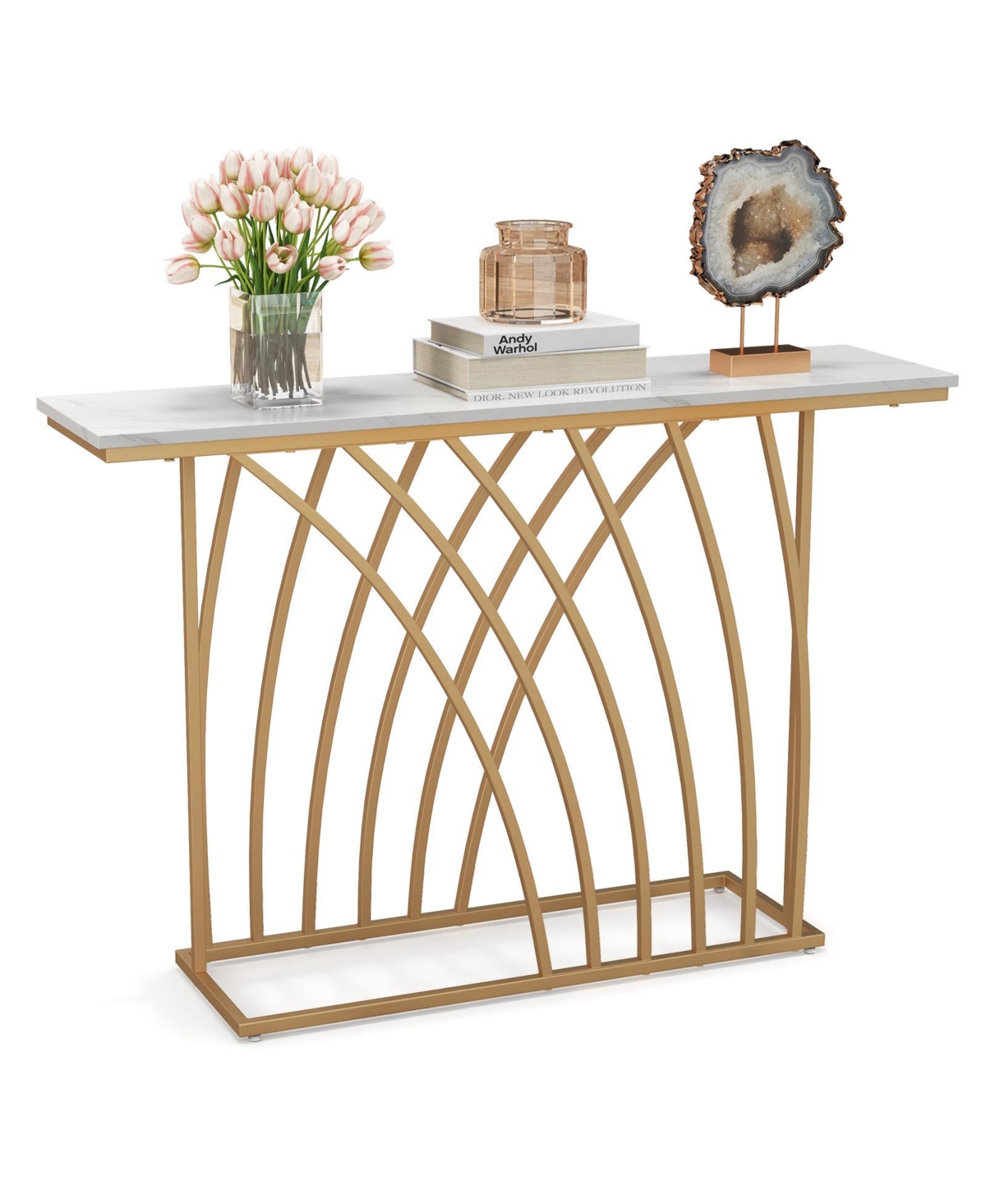 Sugift 48 Inch Gold Console Table with White Faux Marble Tabletop-White