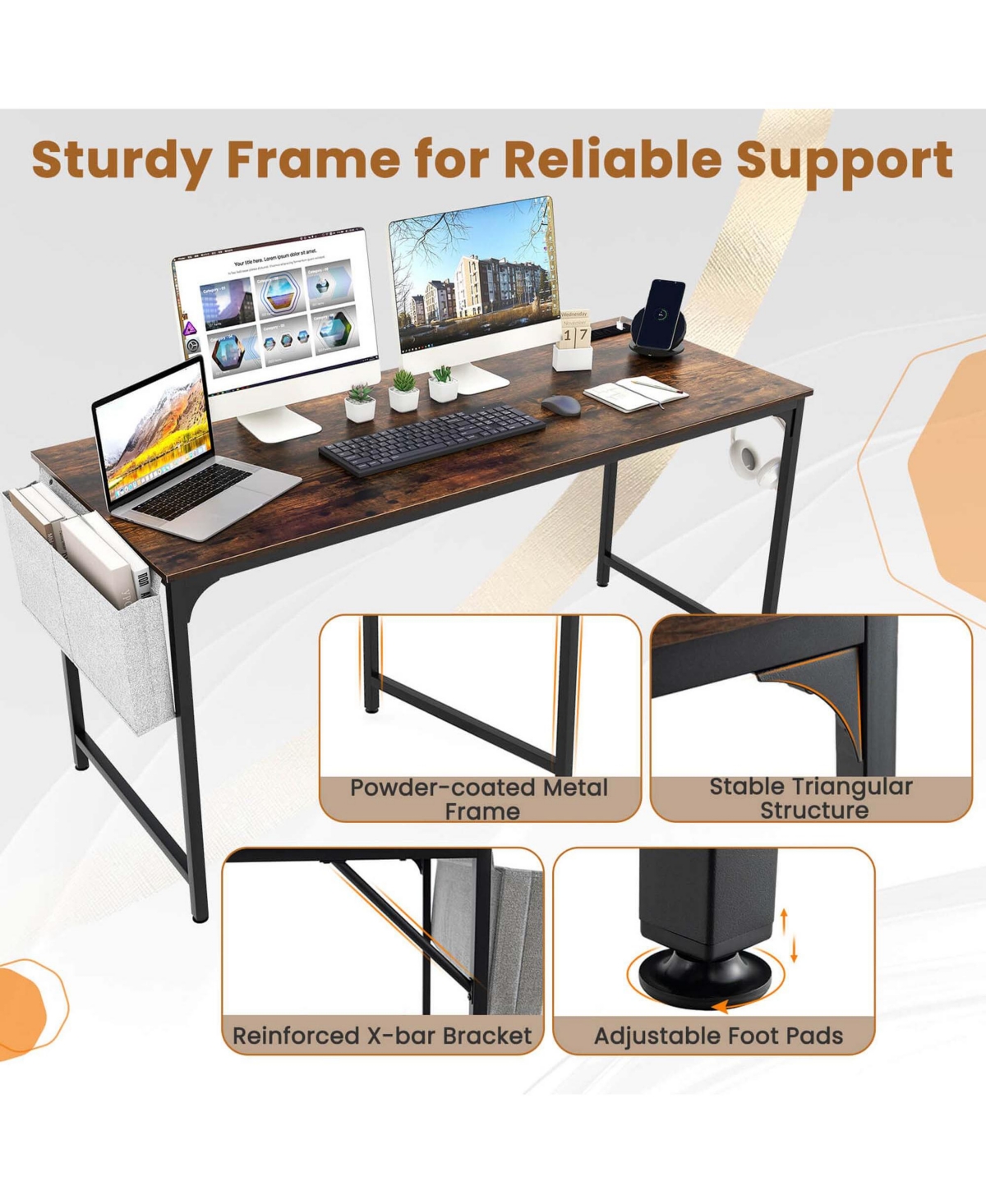 Costway Modern Computer Desk with Charging Station with Storage Bag & Headphone Hook