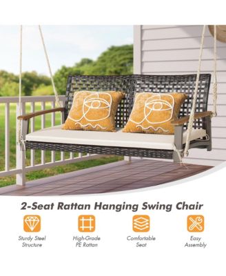 2-Person Patio Rattan Hanging Swing Chair Porch Loveseat Cushion Off White