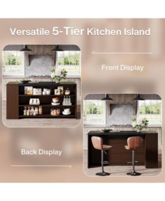 55" Kitchen Island Table, Farmhouse 5-Tier Wood Coffee Bar Cabinet with Storage Shelves and Large Countertop for Kitchen or Dining Room