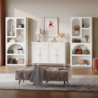 70" Tall Geometric Bookshelf, White Arched Bookcase with 5 Irregular Storage Shelves, Modern Open Art Decor Display Shelf Free-Standing