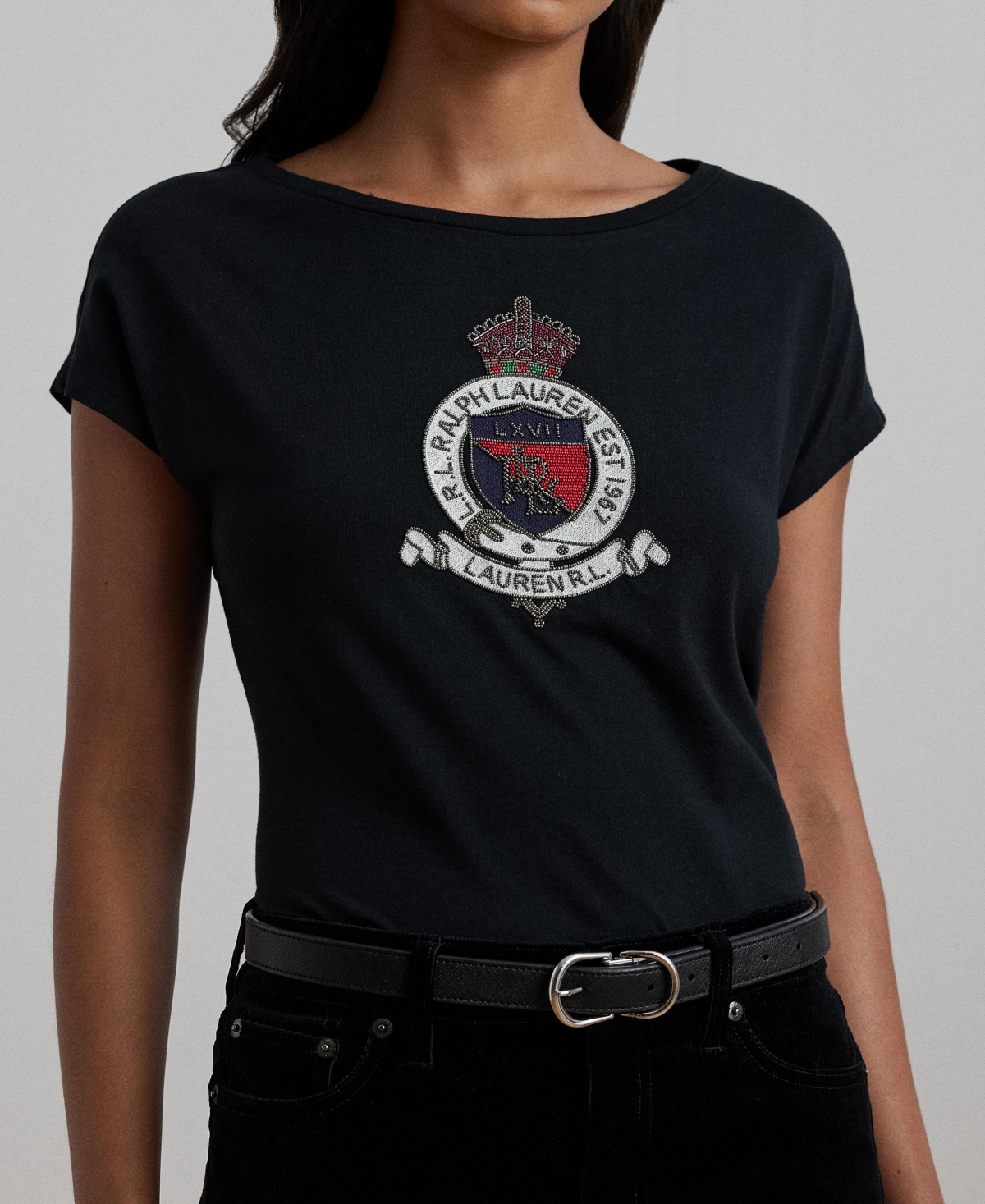 Lauren Ralph Lauren Women's Beaded-Crest Cotton Jersey Tee