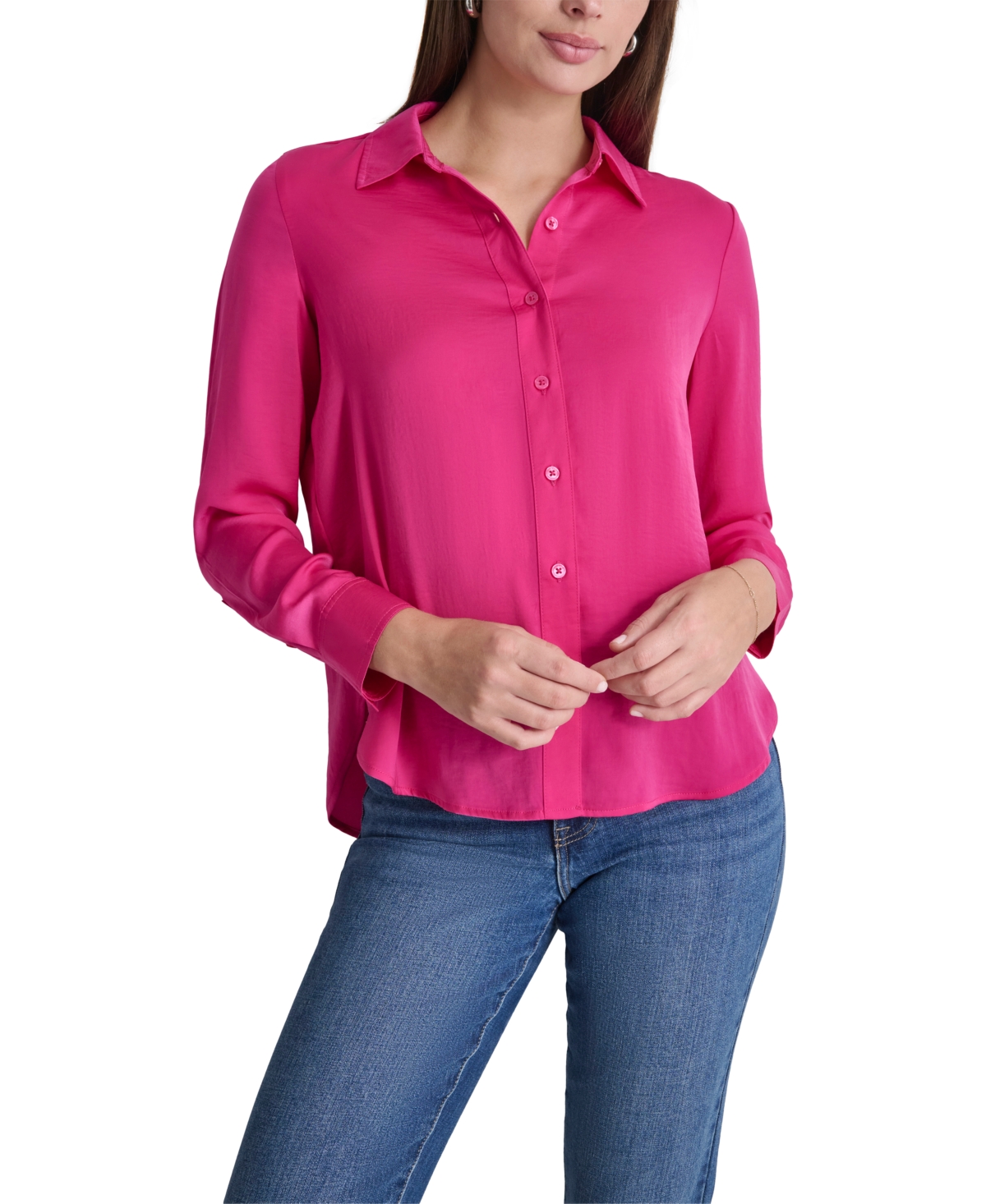 Petite Buttoned-Cuff Fold-Collar Blouse - Vanilla Bean/Black