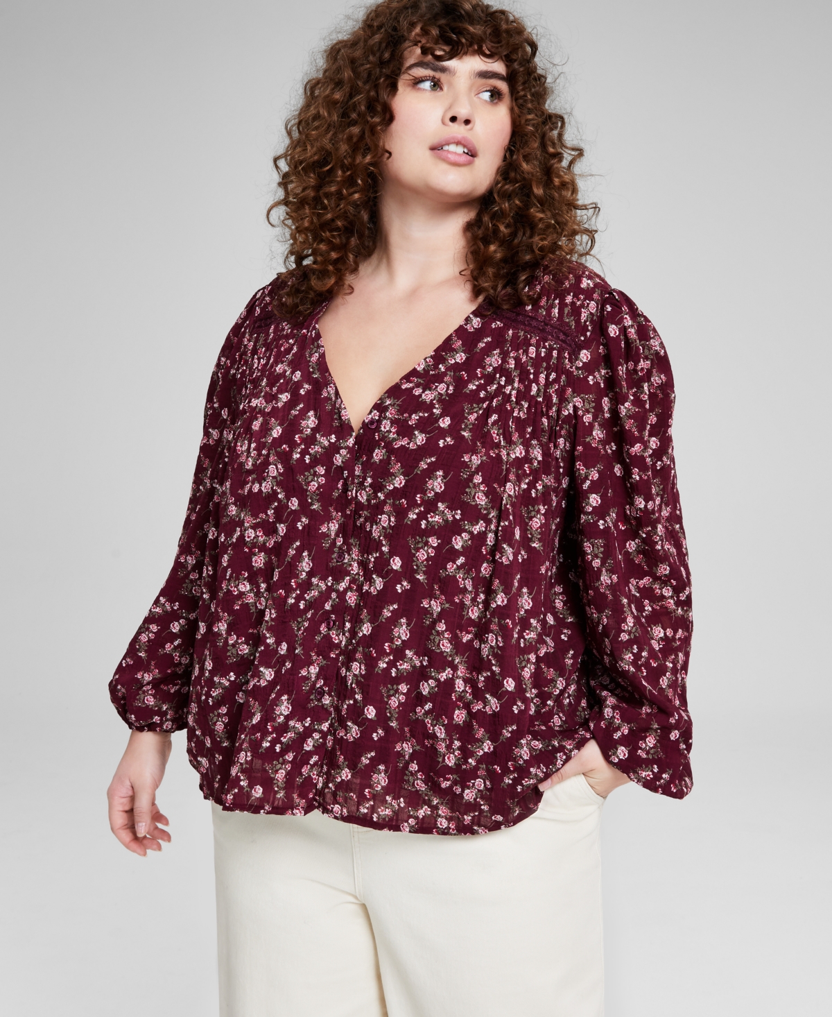 Plus Size Floral Lace-Trim Button-Front Top, Created for Macy's - Merlot