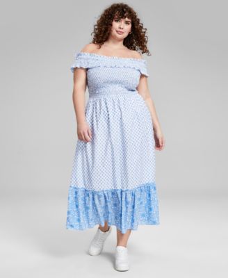 And Now This - Trendy Plus Size Cotton Off-The-Shoulder Smocked Dress