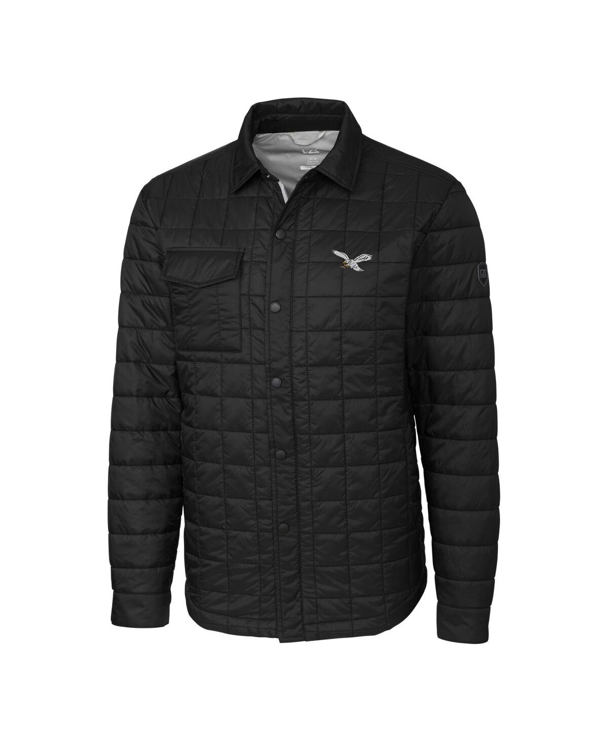 Cutter & Buck Men's Black Philadelphia Eagles Rainier Primaloft Eco Insulated Quilted Button-up Shacket In Black