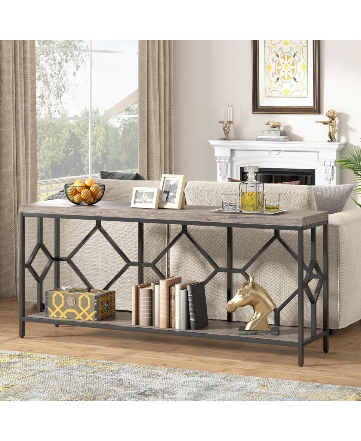 Tribesigns Extra Long Sofa Table, Narrow Long Sofa Console Tables Behind Couch Table with Open Storage Shelf - Grey and black