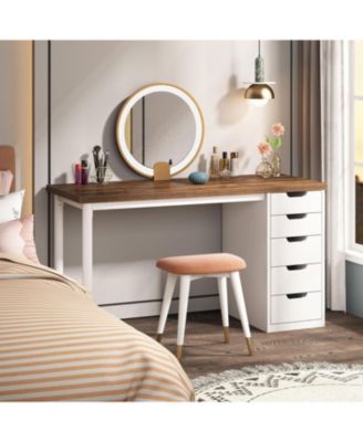 47 inches Vanity Desk with 5 Drawers, Rustic Brown Makeup Vanity Table Dressing Table with Storage, Modern Simple Computer Desk for Women, Girls