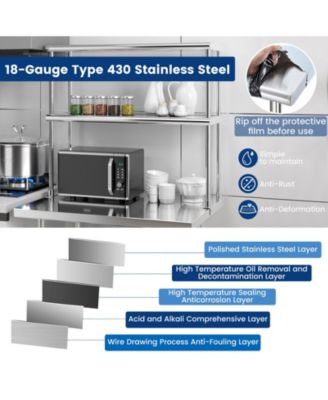 36 x 12 Inch Kitchen Stainless Steel Overshelf with Adjustable Lower Shelf
