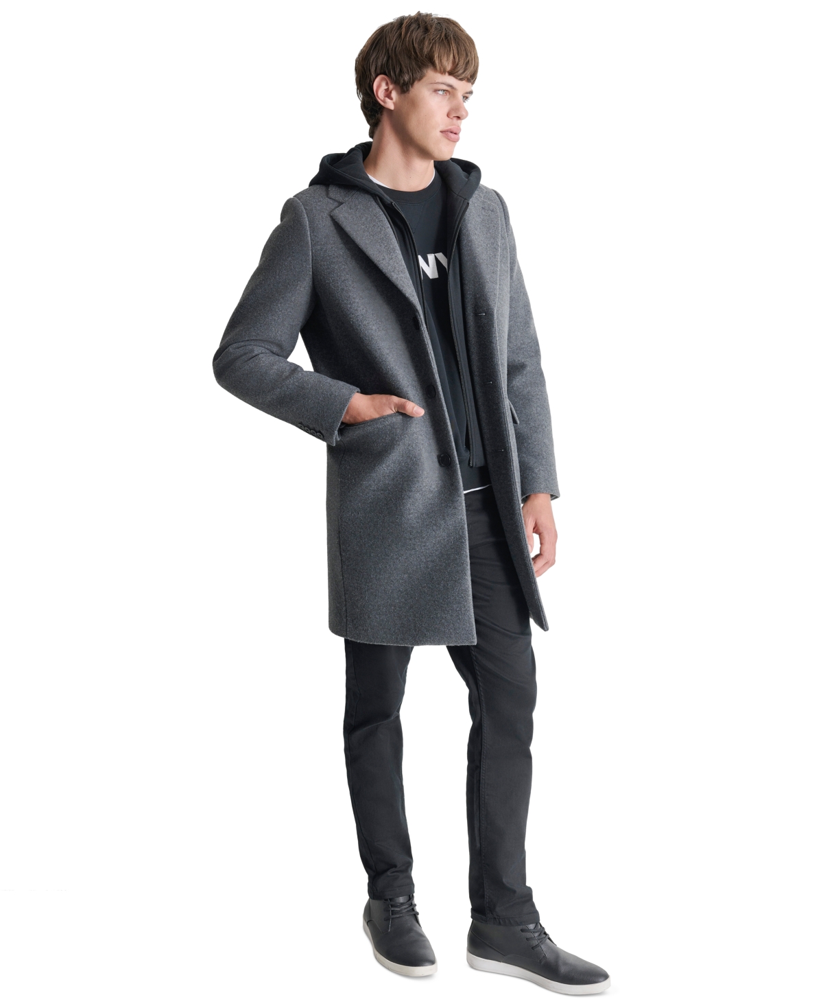 Dkny Men's Removable Hood Notch-Lapel Coat