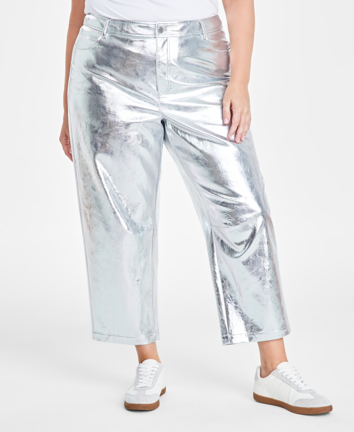 On 34th Trendy Plus Cropped Straight-leg Metallic Pants, Created For Macy's In Silver