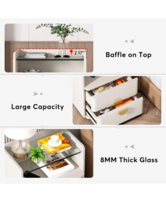 modern 2-drawer nightstands with open storage & gold metal legs, wood & tempered glass, bedside table