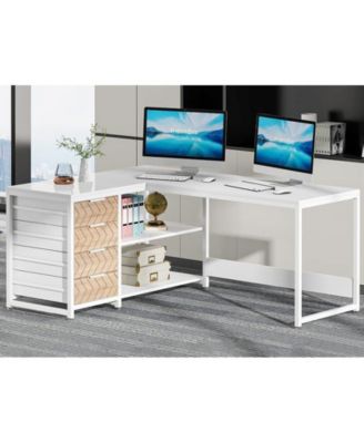 L Shaped Computer Desk with Storage Drawers, 59 inch Corner Desk with Shelves, Reversible L-Shaped Office Desk Study Writing Table Workstation for Home Office