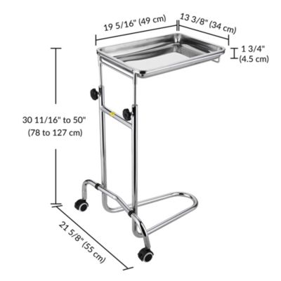 Mobile Mayo Stand Stainless Steel with 2 Pcs Trays on Wheels Adjustable for Hospital Dental Salon