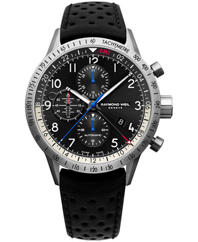 RAYMOND WEIL Men's Swiss Automatic-Chronograph Freelancer Piper Black Leather Strap Watch 45mm 7754-TIC-05209