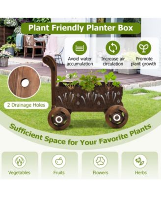 Decorative Wooden Wagon Cart with Handle Wheels and Drainage Hole