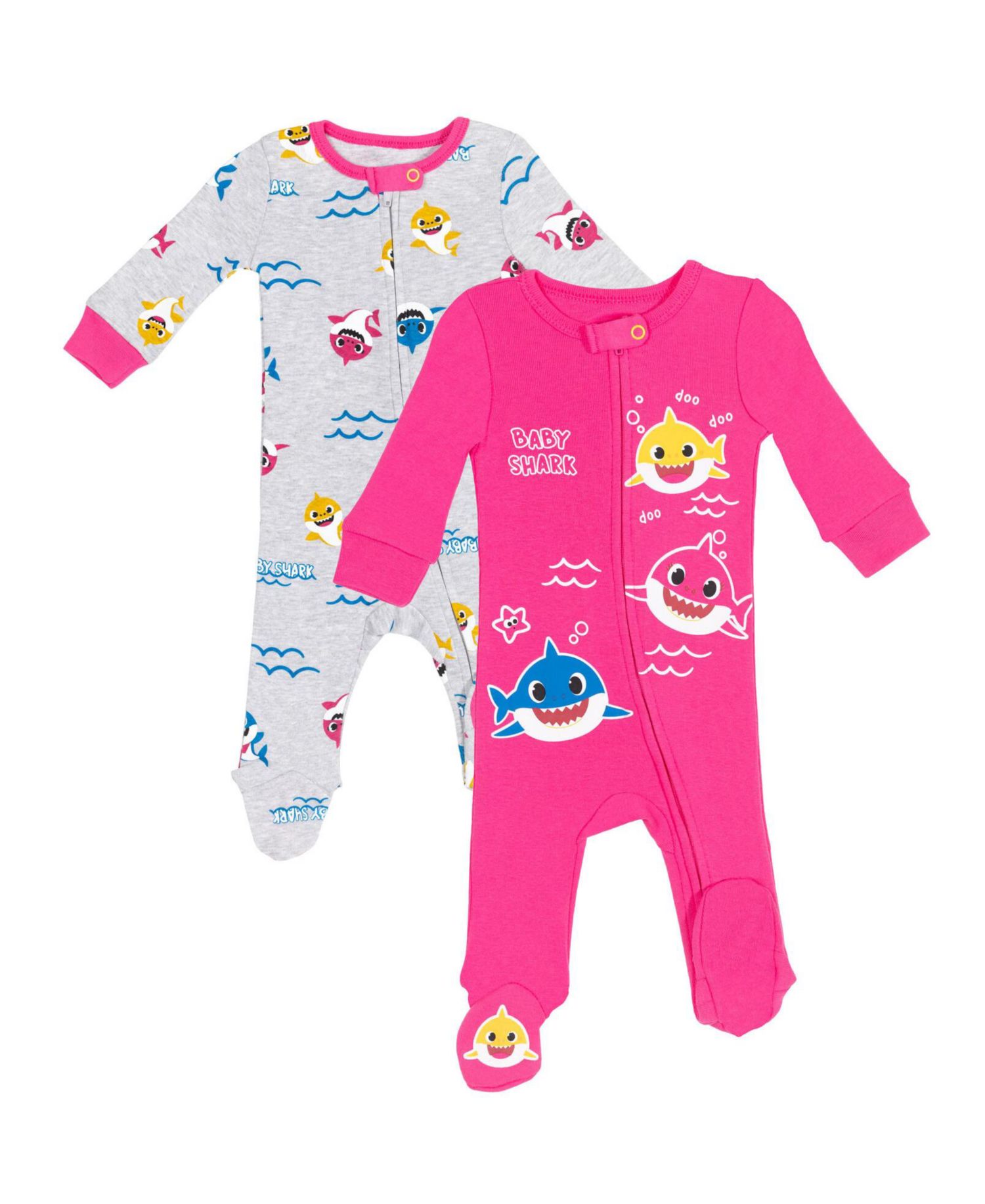 Baby Girls Pinkfong Shark 2 Pack Zip Up Sleep N' Play Coveralls