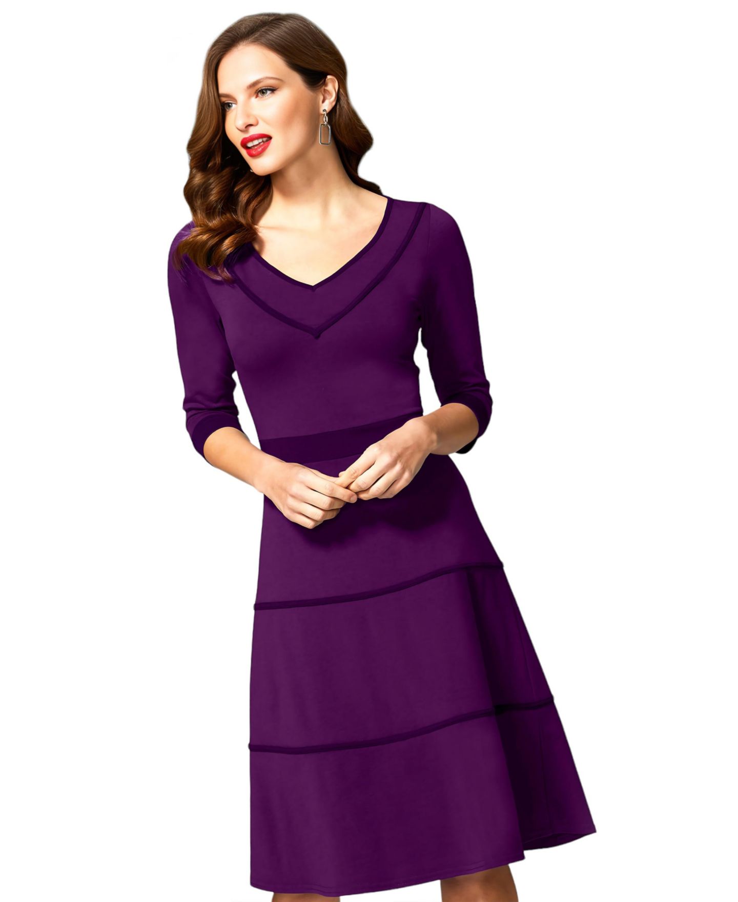 Женское платье Hotsquash London V Neck Fit and Flare with 3/4 Sleeves, цвет: Фиолетовый — фото 1
