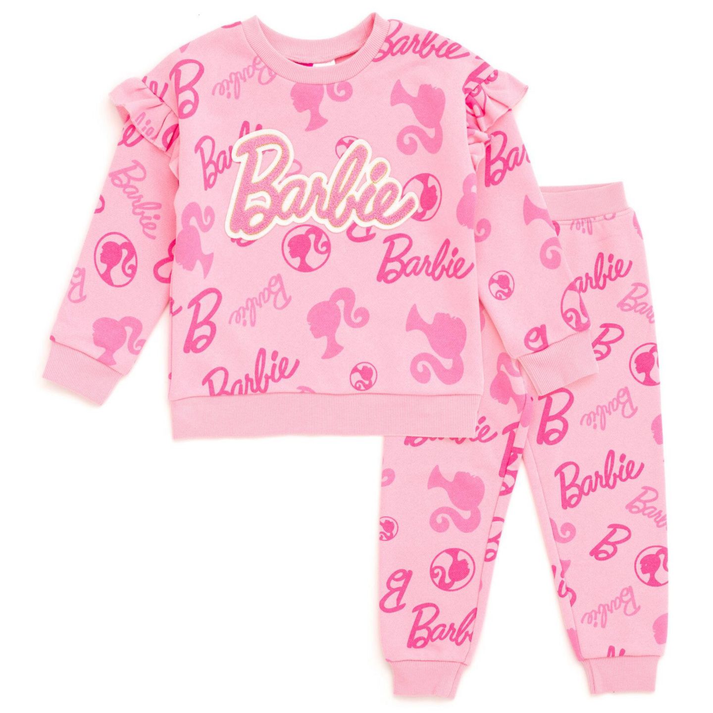 Детский комплект Barbie Girls' 2-Piece Fleece Sweatshirt and Joggers Set, цвет: Пудровый розовый — фото 1