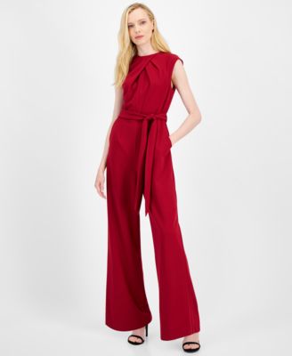 Tahari Petite Pleated Neck Tie Belt Jumpsuit Macy s