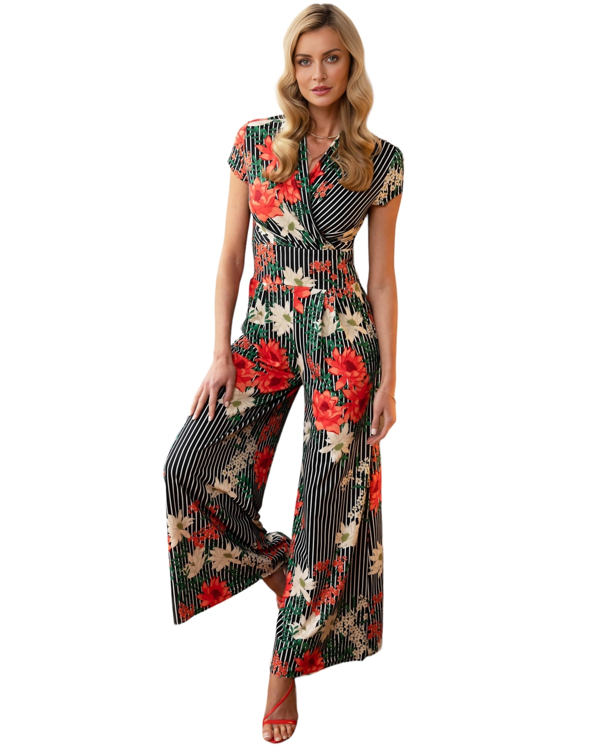 Hotsquash London Women's Striped Floral Wide Leg Jumpsuit