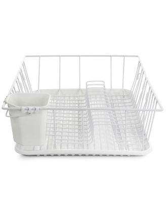 17.5 Inch White Single Level Dish Rack with 14 Plate Positioners and a Detachable Utensil Holder
