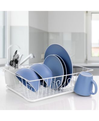 17.5 Inch White Single Level Dish Rack with 14 Plate Positioners and a Detachable Utensil Holder