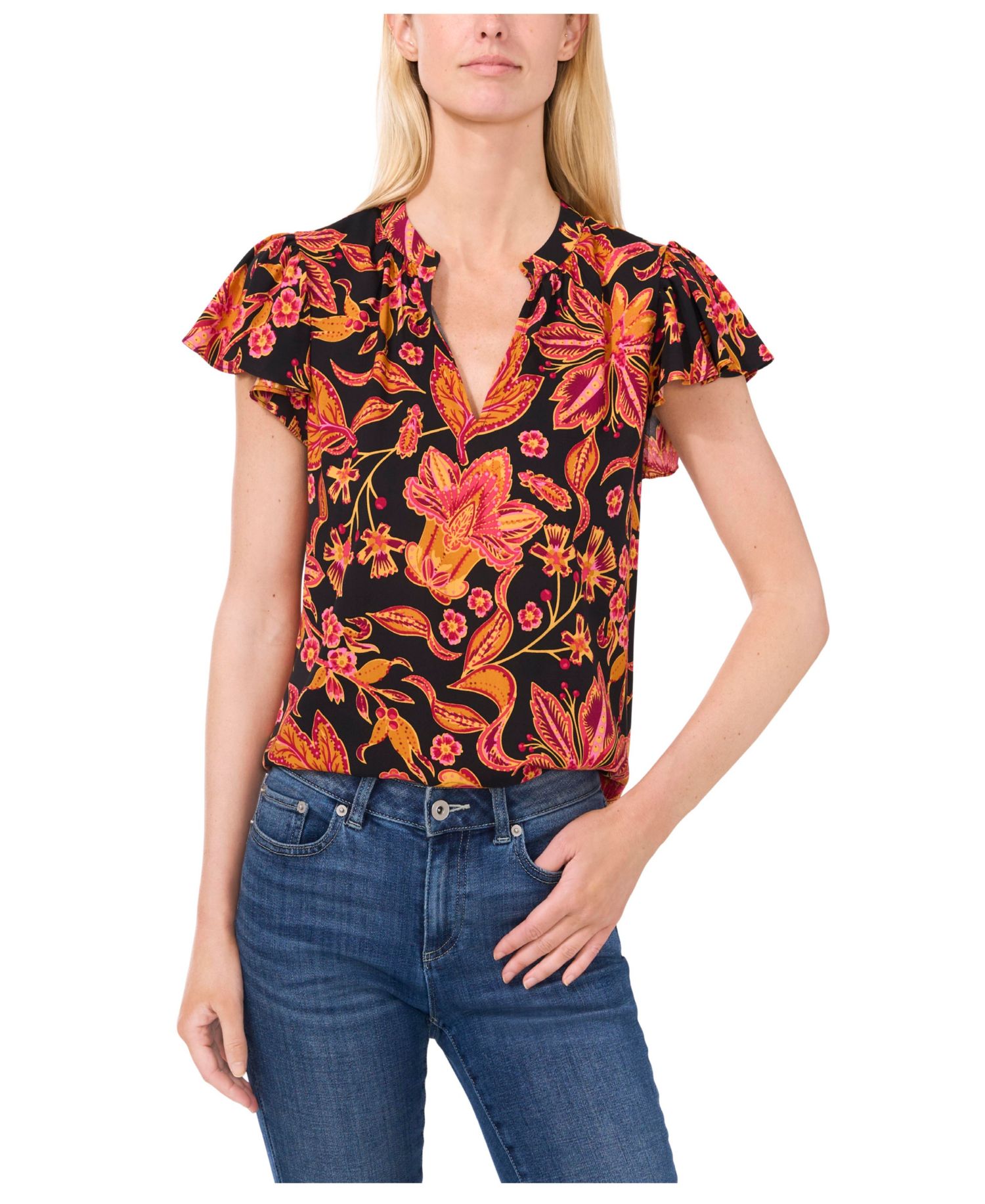 Women's Flutter Sleeve V-Neck Blouse
