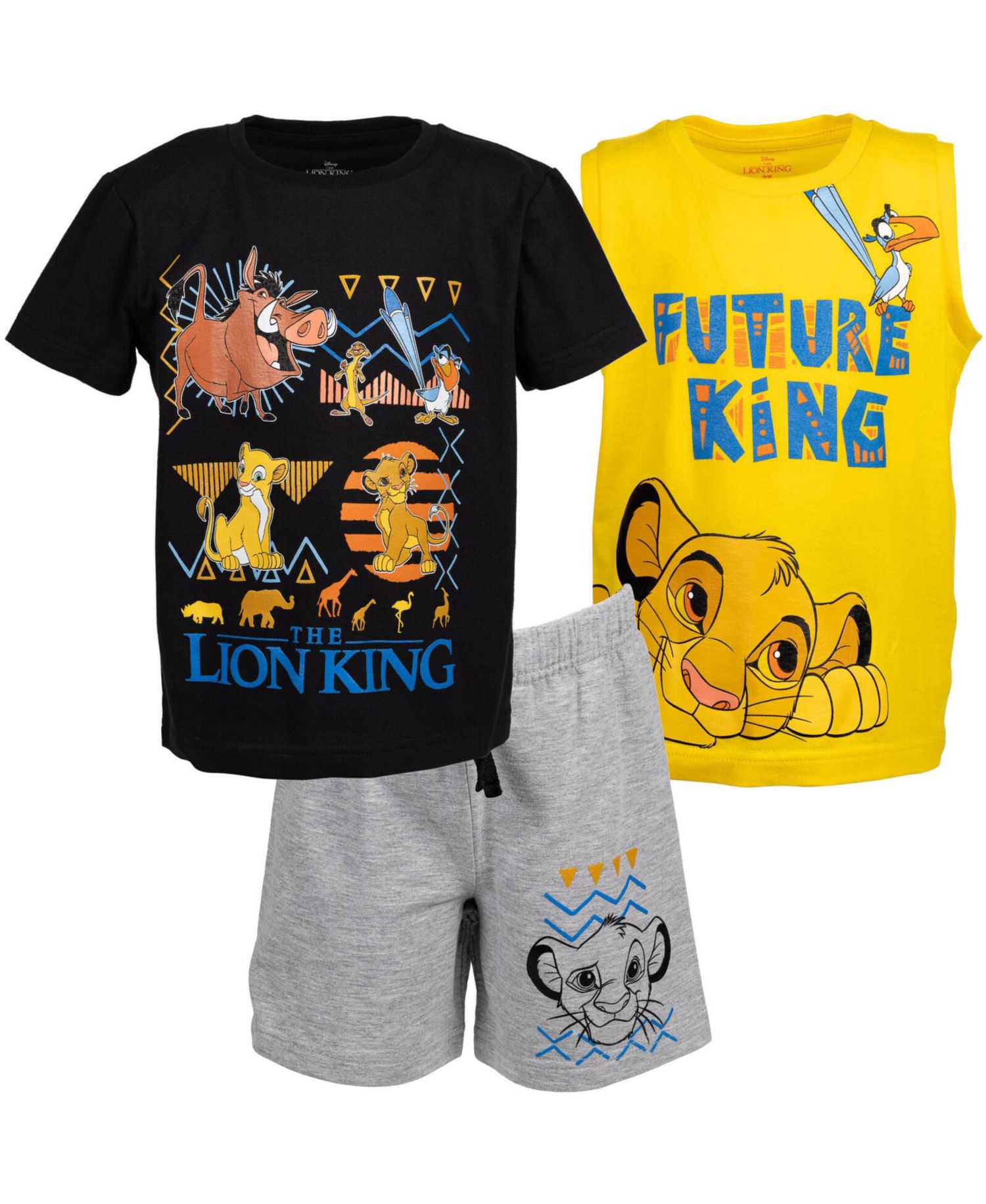 Boys Lion King Toy Story Mickey Mouse Cars T-Shirt Tank Top and French Terry Shorts 3 Piece Outfit Set to