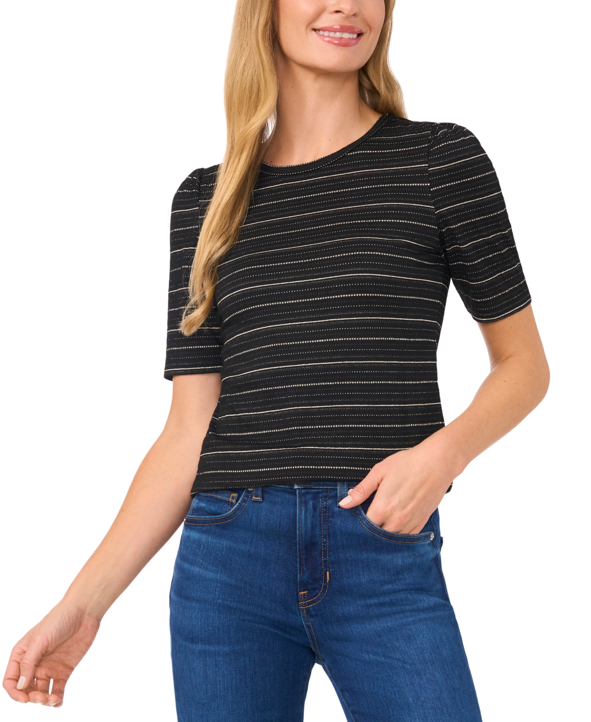 Cece Metallic Gathered Shoulder Elbow Sleeve Top In Rich Black