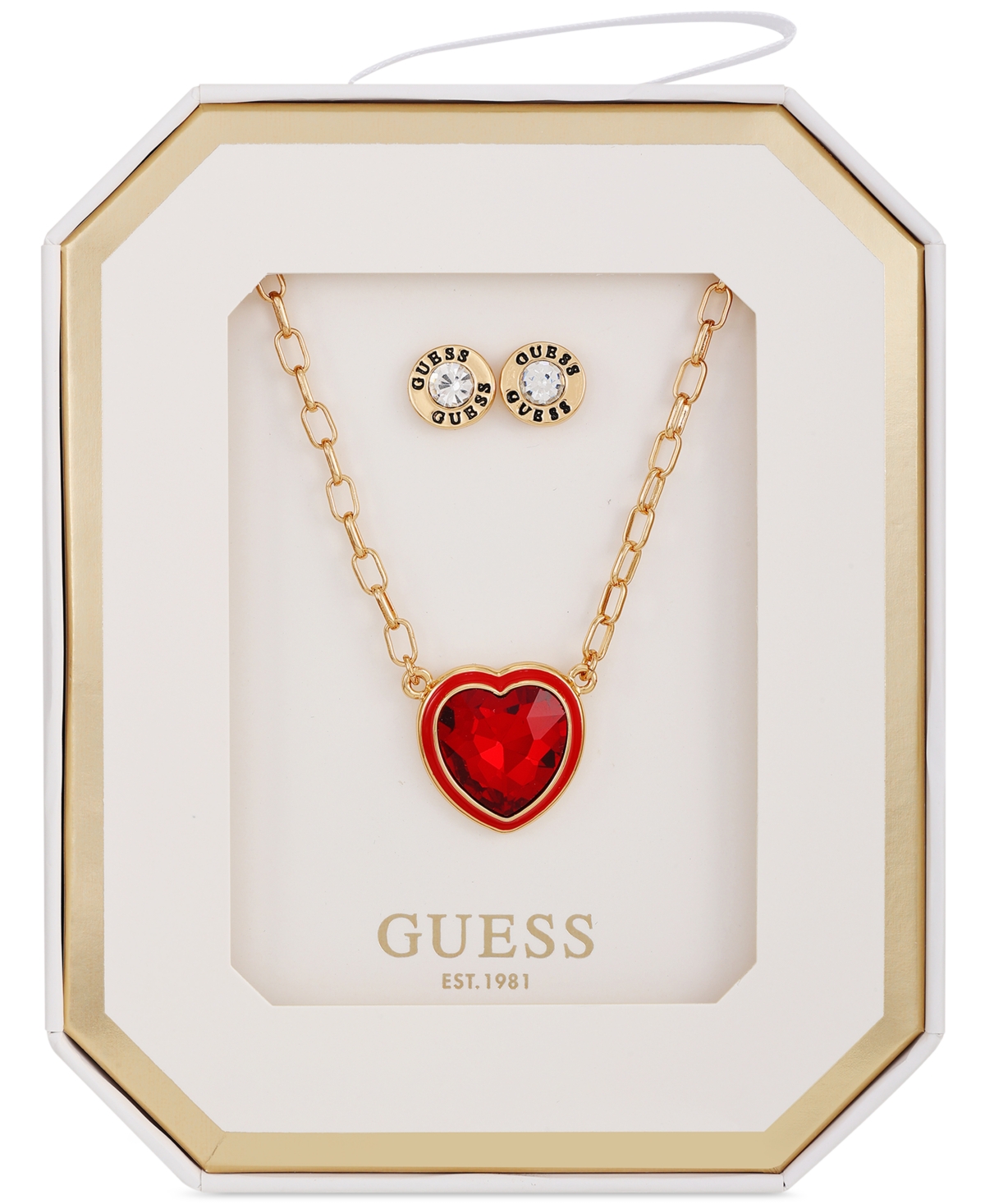 GuessTone Necklace with a Red Heart Pendant and Stud Earrings - Gold