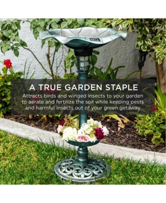 Solar Lighted Pedestal Bird Bath w/ Planter, Integrated Panel