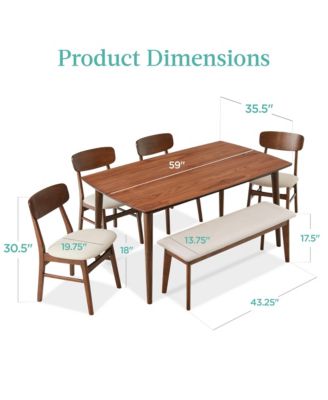6-Piece Mid-Century Modern Upholstered Wooden Dining Set w/ 4 Chairs, Bench