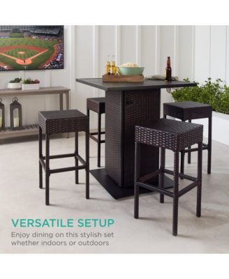 5-Piece Patio Wicker Bar Set w/ Built-In Bottle Opener, Hidden Storage Shelf, 4 Stools