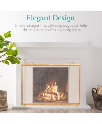 38x27in Single Panel Fireplace Screen Handcrafted Steel Mesh Spark Guard w/ Handles