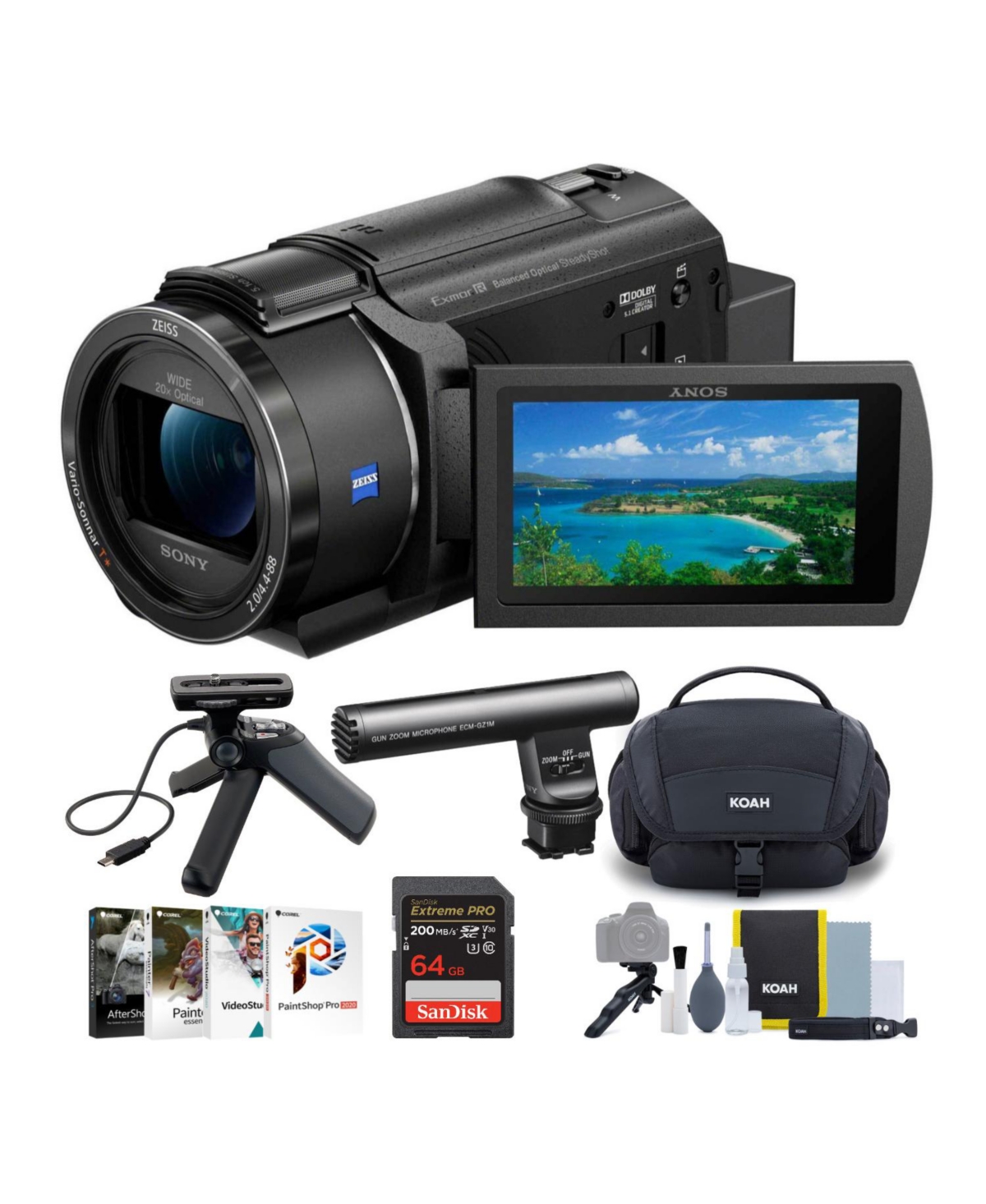 Sony Fdr-AX43/B 4K Camcorder with Tripod Grip and Gun Zoom Microphone Bundle