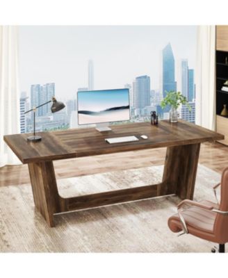 70.87-Inch Executive Computer Desk: Large Home Office Desk with Solid Wooden Pedestal, Industrial Wood Study Writing Table, Brown