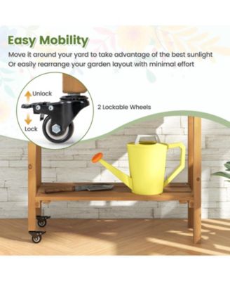 Wooden Rolling Raised Garden Bed with Trellis and Storage Shelf