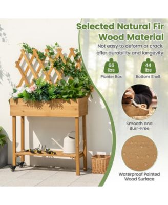 Wooden Rolling Raised Garden Bed with Trellis and Storage Shelf