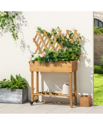 Wooden Rolling Raised Garden Bed with Trellis and Storage Shelf