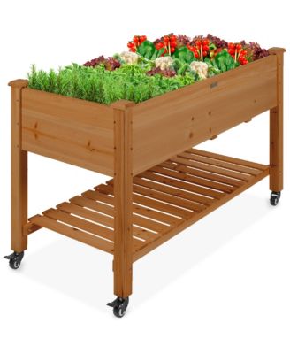 Raised Garden Bed 48" x 23" x 32" Wood Mobile Elevated Planter with Wheel Locks, Shelf and Liner