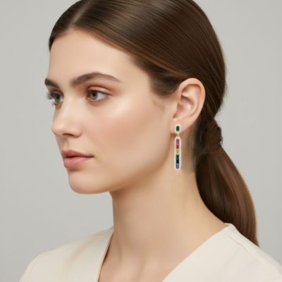 Sterling Silver 14K Gold Plated Multi-Colored Cubic Zirconia Linear Dangle Earrings