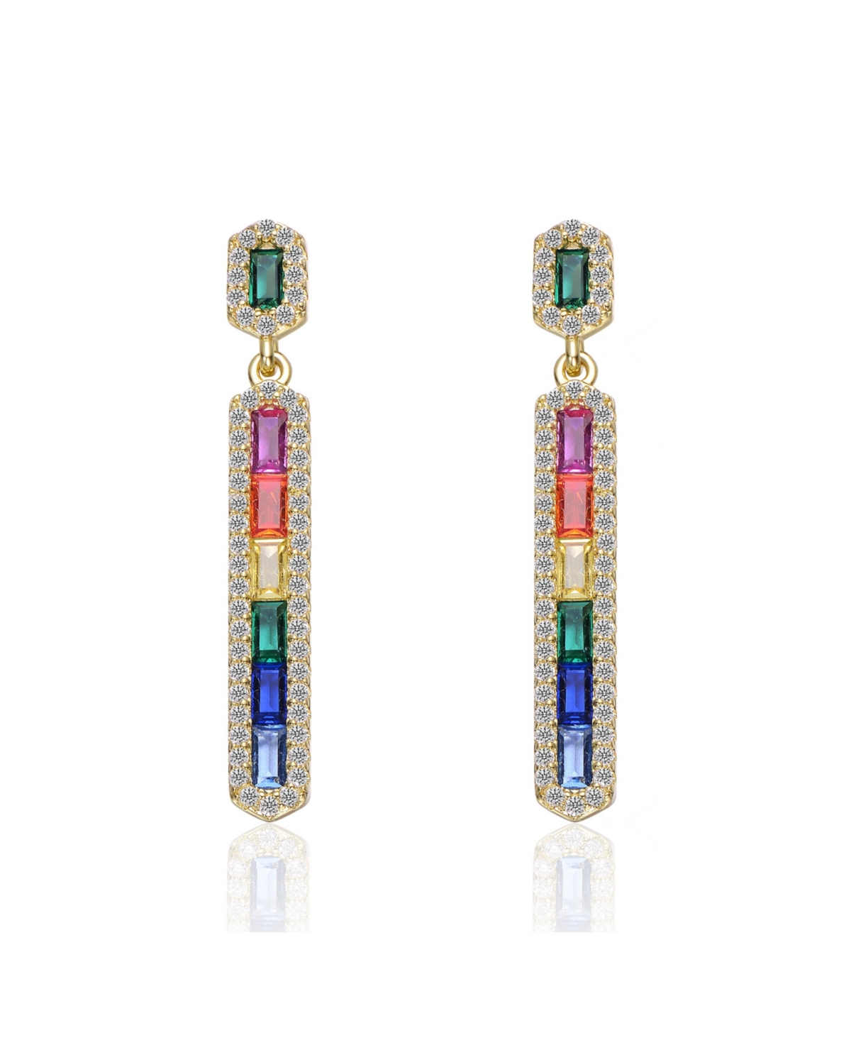 Genevive Sterling Silver 14K Gold Plated Multi-Colored Cubic Zirconia Linear Dangle Earrings - Multi-colored