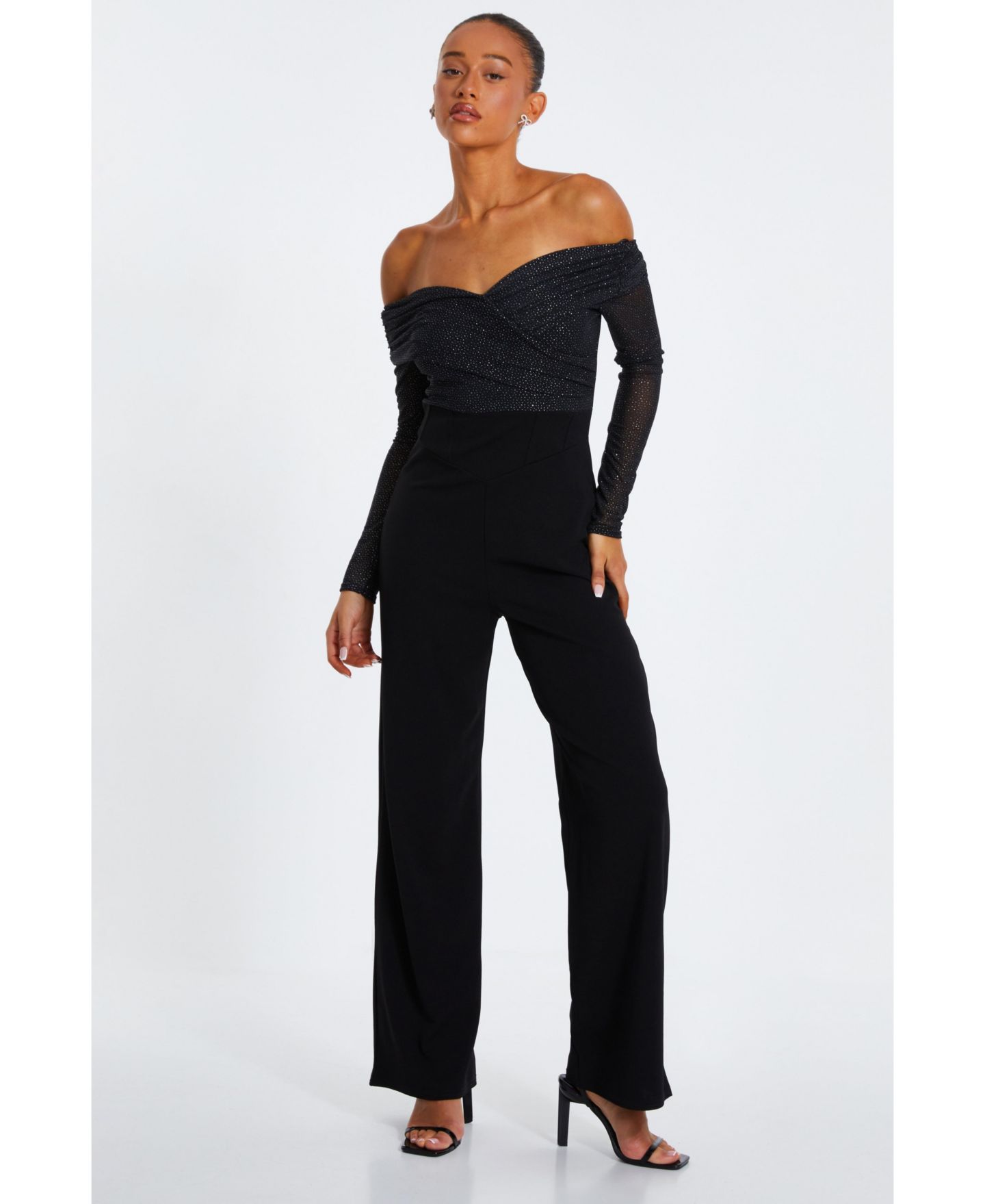 Женский комбинезон QUIZ Glitter Mesh Bardot Scuba Crepe Palazzo Jumpsuit, цвет: Чёрный — фото 1